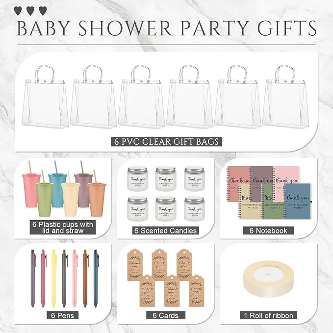 Nuogo 6 Sets New Parent Shower Prizes for Player Winners Adult, Wedding Bridal Shower Gift, Plastic Tumbler Notebook Scented Candle Ballpoint Pen Bag (Morandi Color,Classic Style)