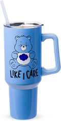 Silver Buffalo Care Bears Grumpy Bear Like I Care Double Walled Stainless Steel Tumbler with Handle and Straw, Fits in Standard Cup Holder, 40 Ounces