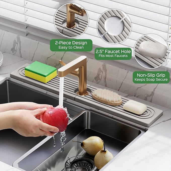 23.6 Inch Stone Faucet Mat for Kitchen Sink Splash Guard - Diatomite Quick Dry Stone Mat Kitchen Sink Protectors, Water-Absorbent Faucet Handle Drip Tray (Gray, 23.6" x 3.9")