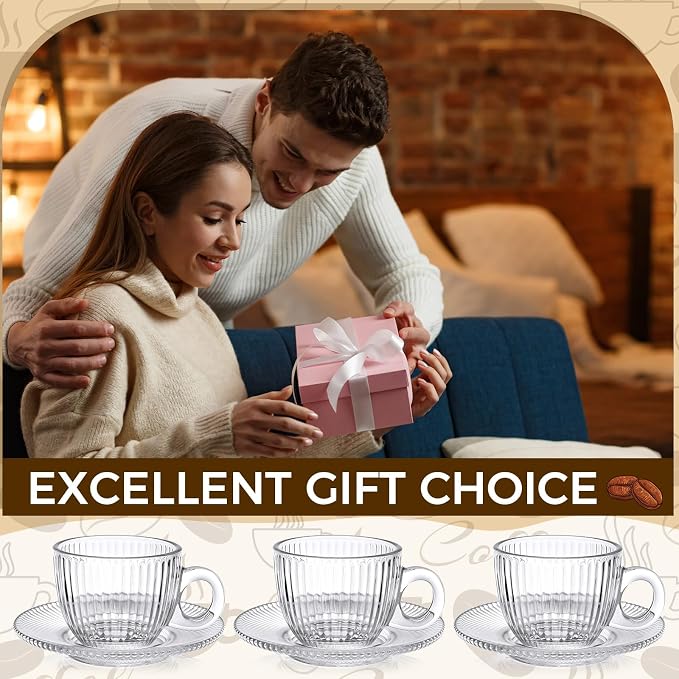 6 Sets of Glass Tea Cups with Saucers Vintage Coffee Mugs 2.8 oz Clear Espresso Cup with Handle Embossed Glassware for Hot Cold Beverages Americano Cappuccino Latte Tea