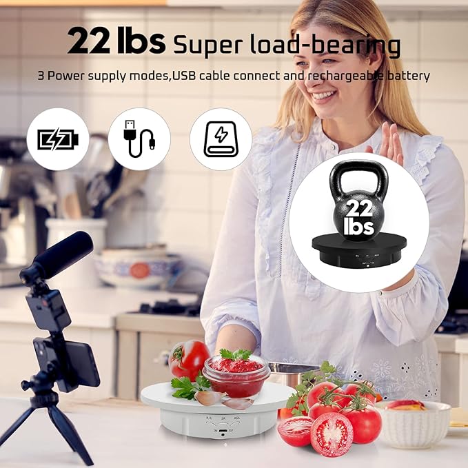 JAYEGT 3in 1 Motorized Rotating Display Stand with 5.74 /7.08/ 8.66 inch Replacement Cover，Max 22lbs Load , 360 Electronic Turntable for Photography Products (3 in1 / White/ With Remote controller)