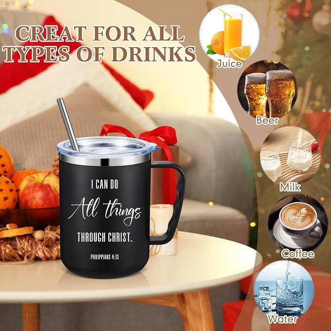 Sieral 12 Pcs Christian Gifts Coffee Mugs with Straw Lid 17 oz Religious Cups with Bible Stainless Steel Tumbler Inspirational Gifts for Women Men Pastor's Church Group(Black,Bible Verse)