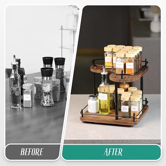 2 Tier Wooden Spice Rack Organizer, 360° Rotating Lazy Susan, 11.8 Inch Large Capacity Countertop Spice Shelf, Adjustable Height, Pine Wood, for Kitchen Bathroom Cosmetic Storage gift set