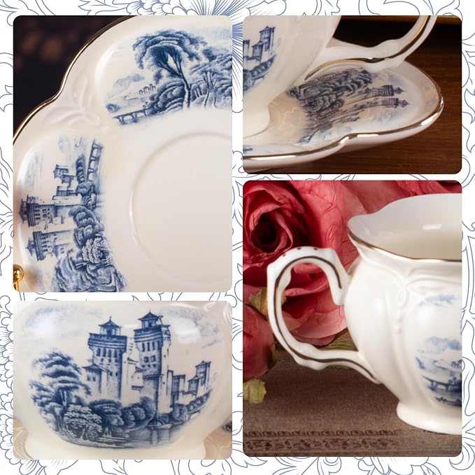 KAMMAK Tea Cups and Saucers Set of 2, Porcelain Coffee Cups, 8-Ounce Stackable Espresso Mugs, Ceramic Demitasse for Coffee, Latte, Americano, Tea, Retro Blue
