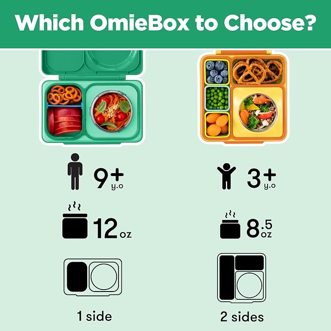 Omie OmieBox UP bento Box for Kids | Insulated Lunch Box | Leak Proof Vacuum Insulated Thermal Food jar | Cooler ice Pack | 2 Compartments (Jade Green)