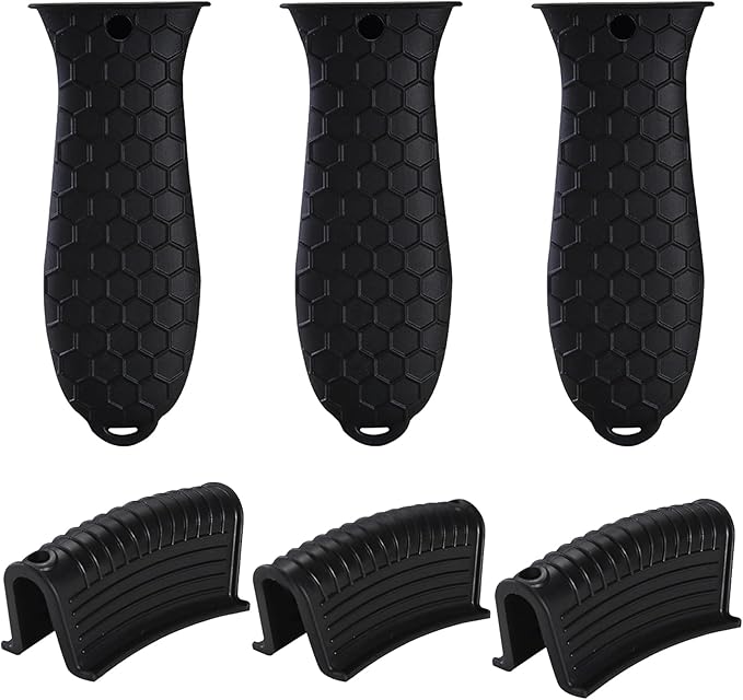 6 Pieces Silicone Hot Tool Holder Heat Resistant Potholder Cookware Handle Non Slip Rubber Pot Holders Handles Grip Covers for Cast Iron Skillet Silicone Cooking Kitchen Suits (Black)