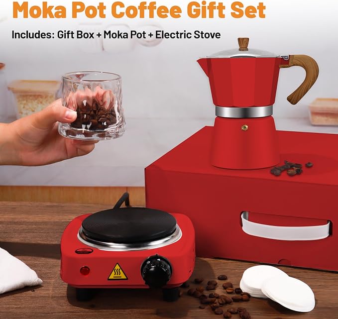 2-in-1 Aluminum Moka Pot Set with Electric Stove Classic Stovetop Espresso Coffee Maker 150ml 5oz Mocha Express Portable Gift Camping Travel Preferred Cafe Italian Cuban Café Brewing 3 Cup