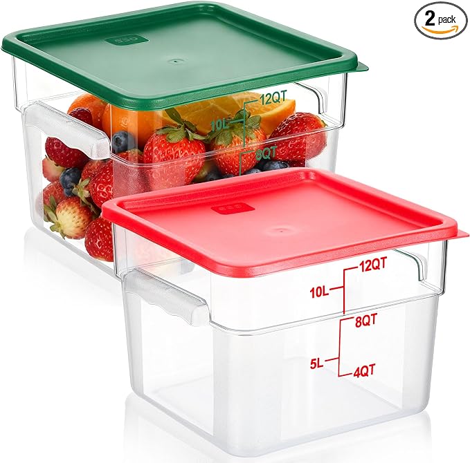 FoldTier 2 Pieces Square Food Storage Containers Polycarbonate Clear food Container with Lid Commercial Storage with Graduations for Commercial Kitchen Dough Marinating Meat(Green, Red,12 Qt)