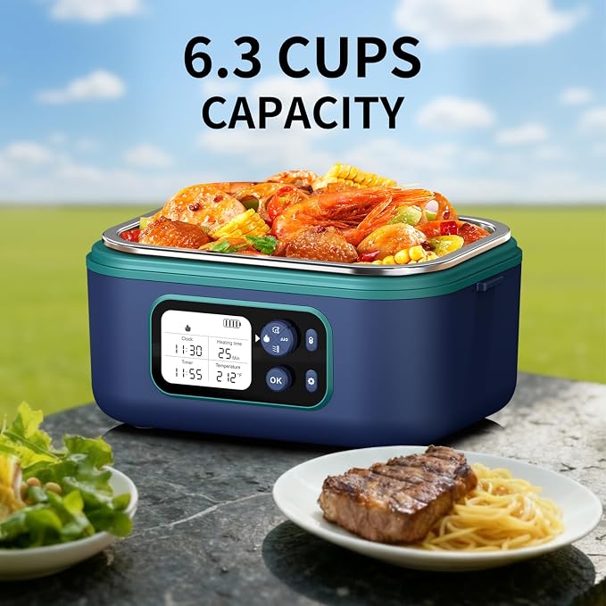 Cordless Electric Heated Lunch Box, 1.5L - 6.3 Cups 100W Rechargeable Smart Self-Heating Food Warmer with Removable Divider, Spoon, Fork, BPA Free, Portable Lunchbox for Car Travel Office Blue