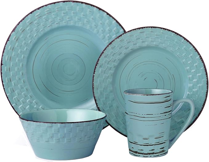 Lorren Home Trends 16 Piece Distressed Weave Dinnerware Set-Blue
