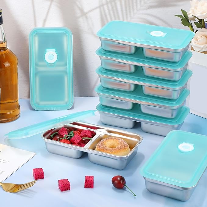 Teenyyou 20 Pcs Stainless Steel Snack Containers 30 oz 2-compartment Meal Prep Containers Reusable Metal Divided Bento Box with Silicone Lids Leakproof Lunch Box Dishwasher Safe (Blue)
