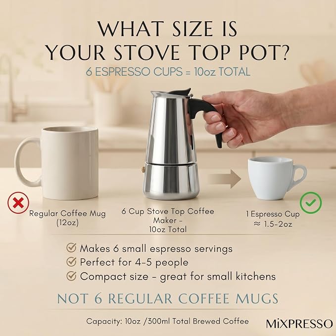Mixpresso 6 Cup Greca Stovetop Espresso Pot 300ml/10oz, Moka Pot with Coffee Percolator Design, Stainless Steel Stove Top Coffee Maker for Camping or Home Use,Italian Stovetop Espresso Maker