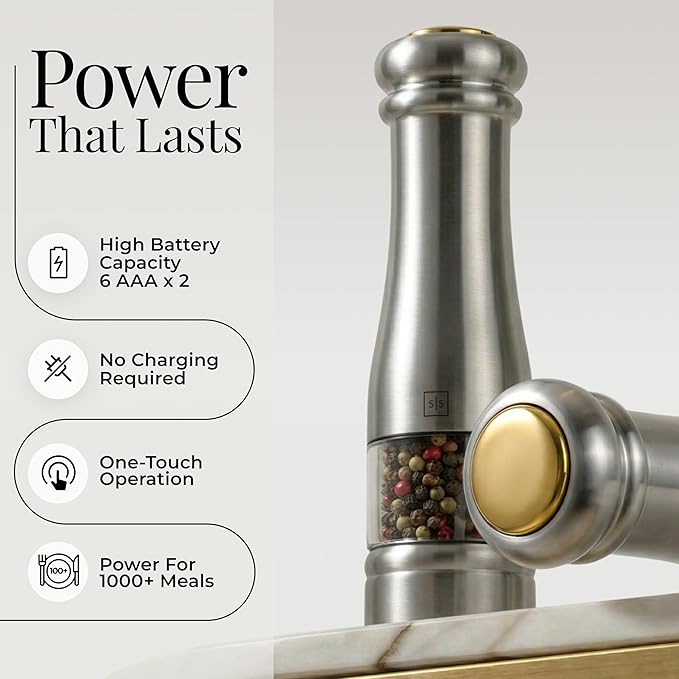 Electric Salt and Pepper Grinder Set - Styled Settings Stainless Steel Salt and Pepper Grinder Set with LED Light, Adjustable Coarseness, Battery Operated, Wood Base