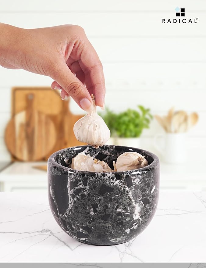 Radicaln Marble Garlic Keeper With Lid 4.5 Inch Black Handmade Garlic Storage and Garlics Container For Kitchen, Keep Fresh Garlic Cloves, Ideal Garlic Keeper for Counter