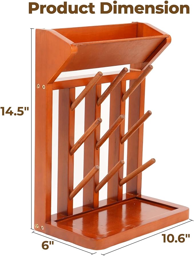 Vertical Rubber Wood Stand, 9-Hook Bottle Drying Rack, for Baby Bottles, Mugs, Glasses | Thread Rack Organizer or Yarn Holder | Kitchen Storage, Sewing Storage Solution, Brown Color