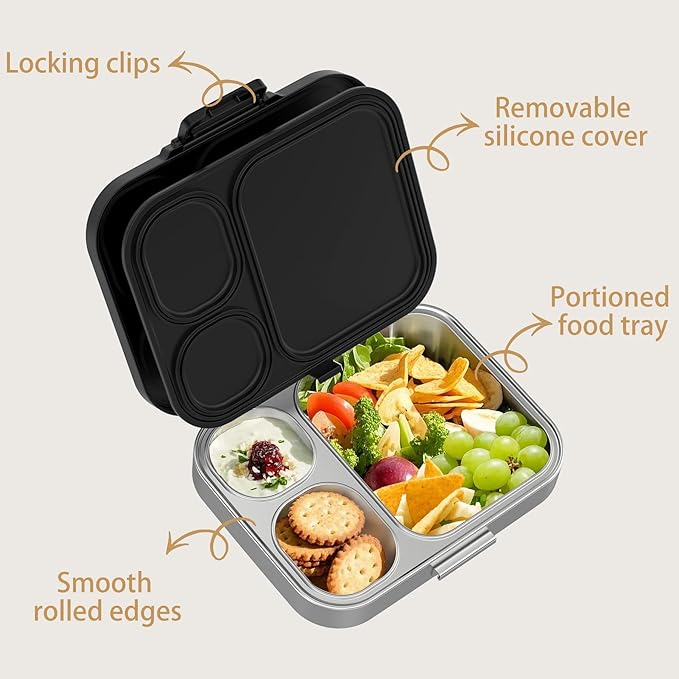 Stainless Steel Lunch Box, Leak-Proof with free sealing Bento Box 3 Compartments, Metal Lunchbox for Travel & Work, Eco-Friendly Meal Storage Solution Black
