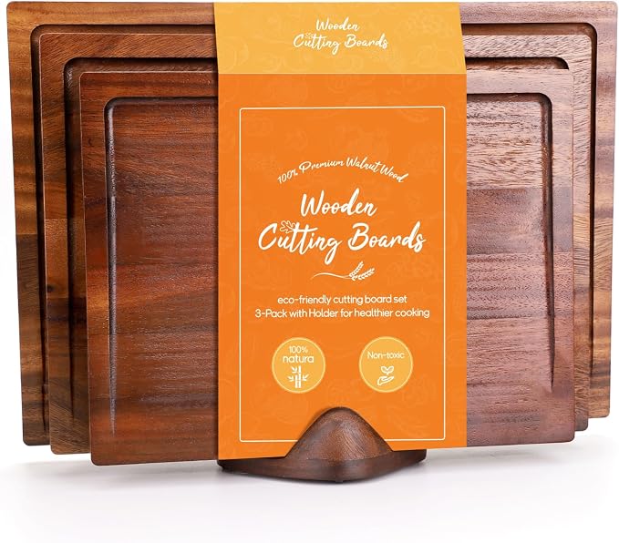 Walnut Wood Cutting Boards for Kitchen 3 Packs, Solid Wooden Cutting Board Set with Holder, Large-Small Chopping Boards with Deep Juice Grooves, Non Toxic 100% Natural, Perfect House Warming Gifts