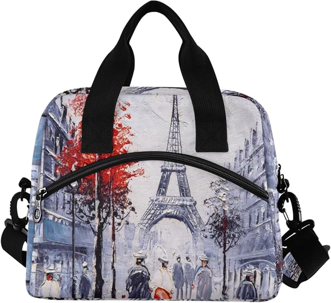 OREZI Lunch Bag for Girls Women,Art Painting France Paris Eiffel Tower Lunch Box Container with Detachable Shoulder Strap,Insulated Lunch Coolers for School Office
