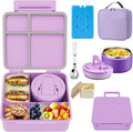 MAXSO Bento Lunch Box Set with 8 oz Soup Thermo, Kids Leakproof 4 Compartments Hot Food Container with Sauce Cup, Ice Pack and Lunch Bag, Child Insulated Food Jar for School - Purple