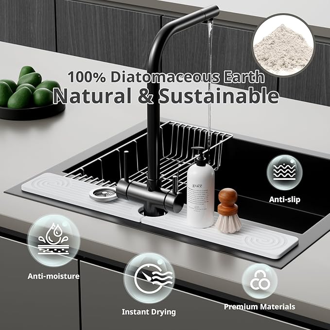 Quick Dry Sink Splash Guard - 23.6" Water Absorbing Stone Drying Tray - Faucet Mat for Kitchen, Bathroom, and Laundry Room - White
