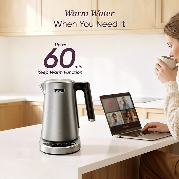 Cosori Stainless Steel Electric Kettle with Temperature Control, 1.7L | No Plastic Contact with Water, 5 Presets, ±5°F Temp Control, 60-Min Keep Warm, Dual Lid Opening, Tea, Coffee & Hot Water