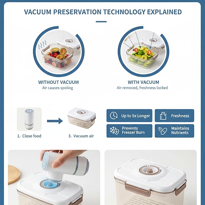 Vacuum Container,Vacuum Seal Containers,4pcs Airtight Food Storage Containers with Lids,4pcs Food Vacuum Bags/ 1pc Automatic Pump, Marinade and Keep Food Fresh with Time Dial, BPA Free(Square)