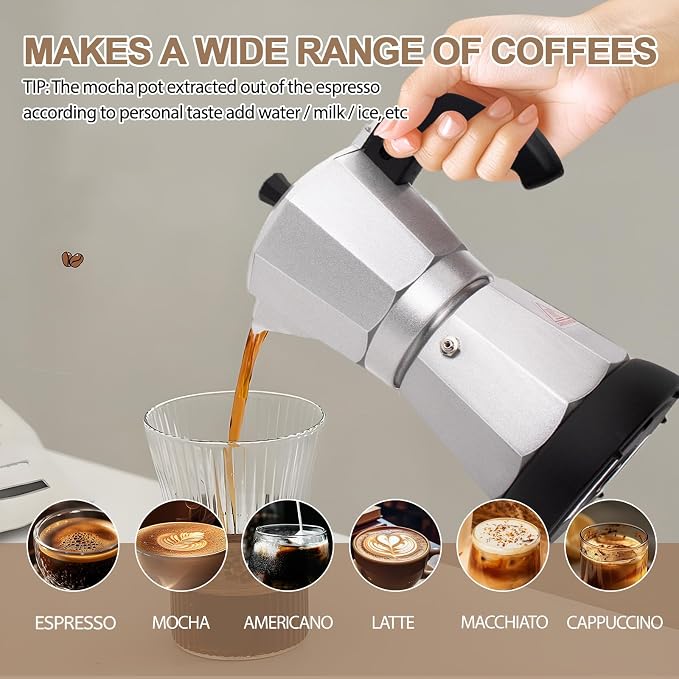 Aluminum Electric Moka Pot 3-6 Cup 270ml Express Coffee Maker Stovetop Espresso Portable Coffeemaker Italian Classic Brewing Greca Cafe Mocha with Removable Base and Overheating Protection Machine