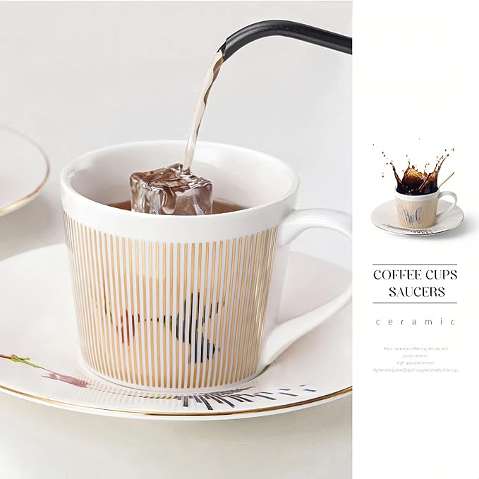 Old Craftsmen's Coffee Cup and Saucer Sets 8.45oz Unique Dynamic Mirage Reflection Tea Cup Luxury Porcelain Mirror Ceramic Mug Gifts for Cappuccino Espresso 250ml Hummingbird
