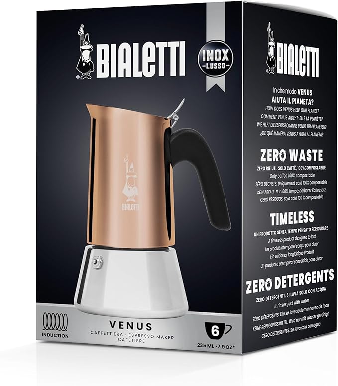 Bialetti - New Venus Induction, Stainless Steel Stovetop Espresso Coffee Maker, Suitable for all Types of Hobs, 6 Cups (7.9 Oz), Copper,Silver