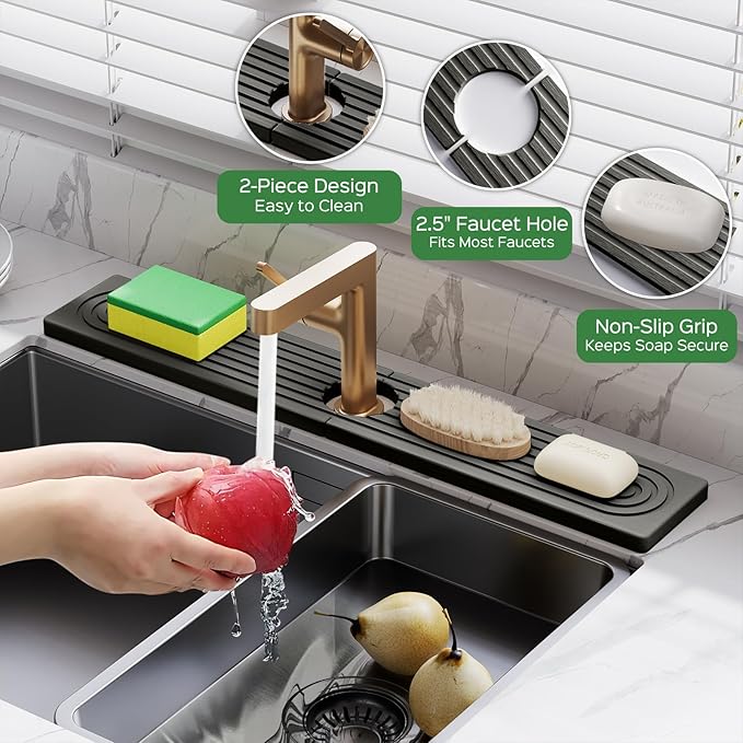 23.6 Inch Stone Faucet Mat for Kitchen Sink Splash Guard - Diatomite Quick Dry Stone Mat Kitchen Sink Protectors, Water-Absorbent Faucet Handle Drip Tray (Dark Gray, 23.6" x 3.9")