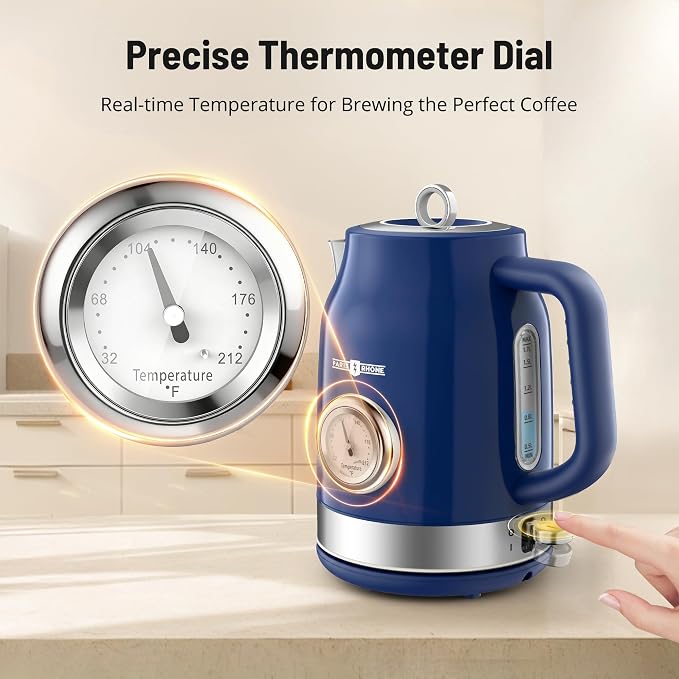 PARIS RHÔNE Retro Stainless Steel Electric Kettle, 1.7L Cordless Hot Water Tea Kettle with Thermometer, 1500W Fast Heating, LED Indicator, Auto Shut-Off & Boil Dry Protection