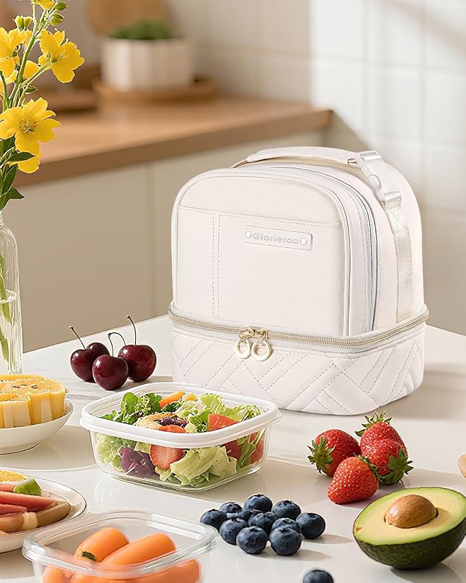 Double Deck Lunch Box Bag Women - Vegan Leather Insulated Waterproof Leakproof Cooler for Work Travel Picnics - Teacher Mothers Day Christmas Birthday Gifts