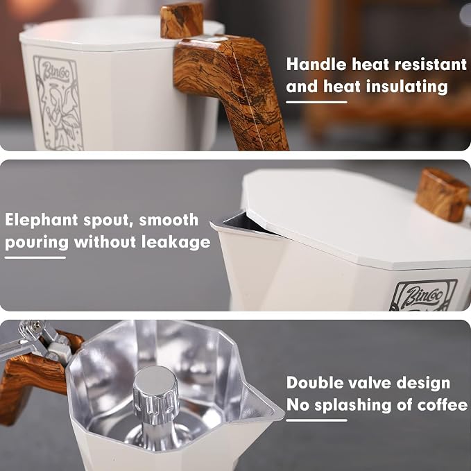 Bincoo 120ML/2 Cups Stovetop Espresso Maker Double Valve Moka Pot with Thermostat Extractor,Italian Espresso Moka Pot with Powder Dispenser and Filter Paper for Home(White)