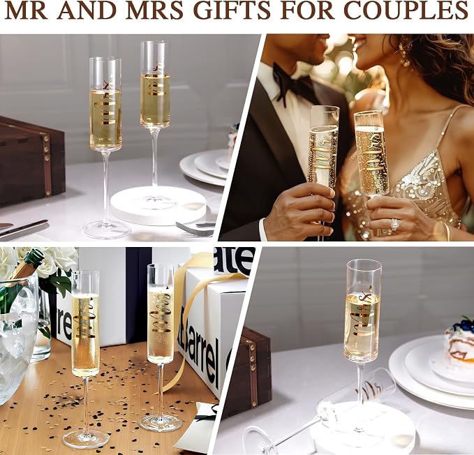 Physkoa Engagement Gifts for Couples-Mr and Mrs Champagne Glasses with Keepsake Box,Cake Knife and Server-Perfect Wedding, Engagement, or Bridal Shower Gift for Couples