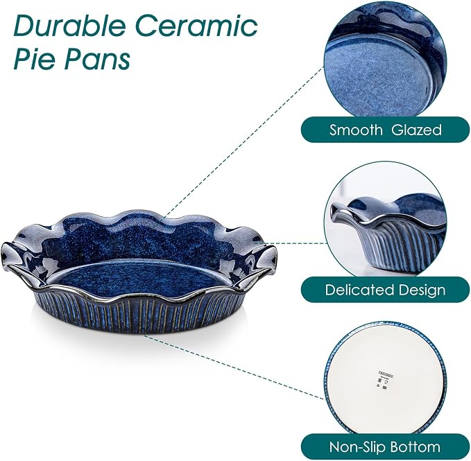 vancasso Ceramic Pie Pan for Baking, 9 inch Deep Pie Plates for Apple Pie, Pot Pie, Tart and Quiche, Reactive Glaze Fluted Pie Pans, Large Pie Dish with Ruffled Edge, Blue, STERN Series
