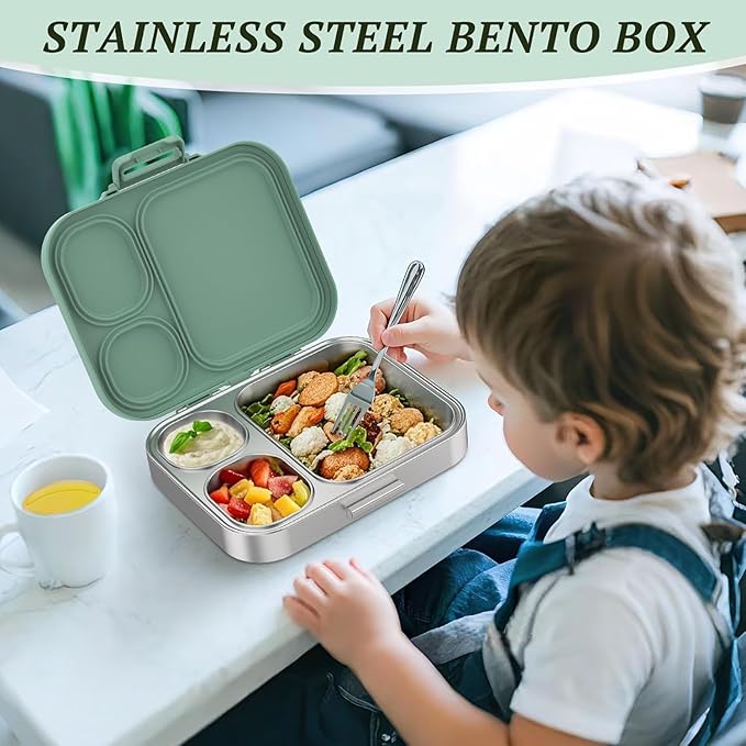 LOHASOK Stainless Steel Lunch Box: Metal Bento Box for Kids Adults - Leak-Proof 3 Compartments,Green