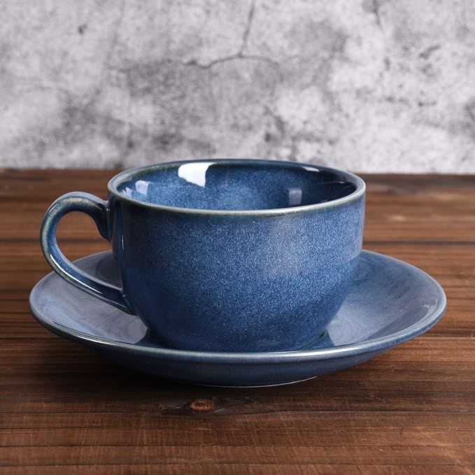 Bosmarlin Ceramic Coffee Cup Mug with Saucer Set of 2 for Latte, Cappuccino, Tea, 8.5 Oz, Dishwasher and Microwave Safe(Royal blue, 2)
