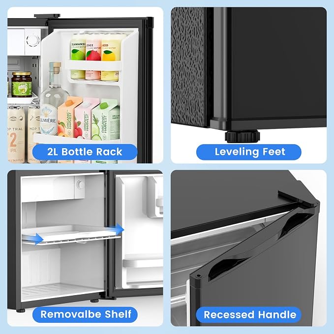 Electactic 1.7 Cu.ft Mini Fridge, Compact Refrigerator, Single Reversible Door, Ultra Quiet, Energy Efficient for Office, Dorm, Bedroom, Apartment, Black