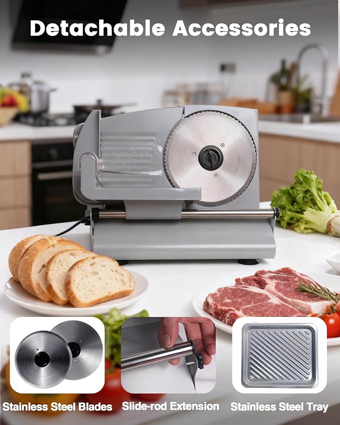 Pterying Meat Slicer Machine for Home - 200W Electric Food Slicer with 2 Removable 7.5" Stainless Steel Blades and Tray, Adjustable and Child Lock Protection, Slicer Machine for Meat Bread