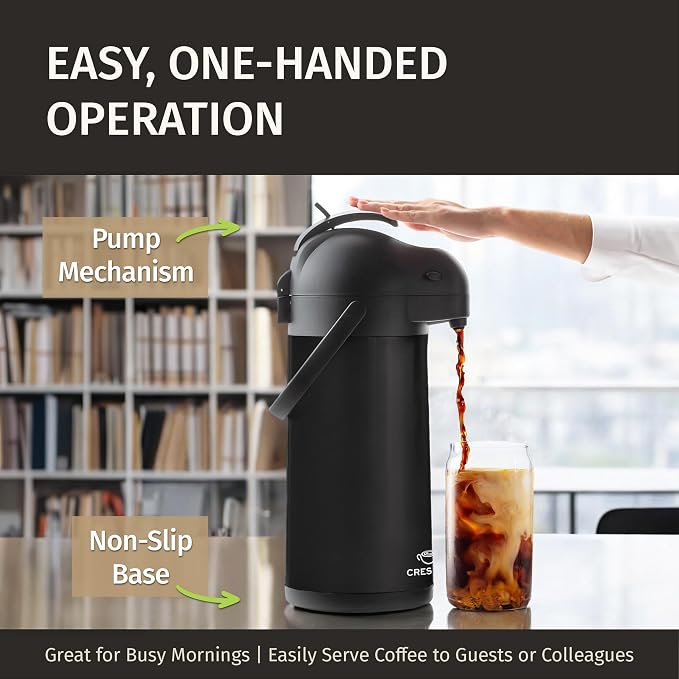 Airpot Coffee Carafe Dispenser with Pump, Black | 12 Hours Hot Water Retention, 36 Hours Cold Retention, Thermal Carafe for Hot Drinks, One-Handed Dispensing