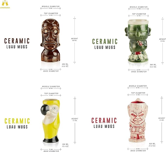 LEMONSODA Ceramic Hawaiian Tiki Glasses (Luau, Set of 16)