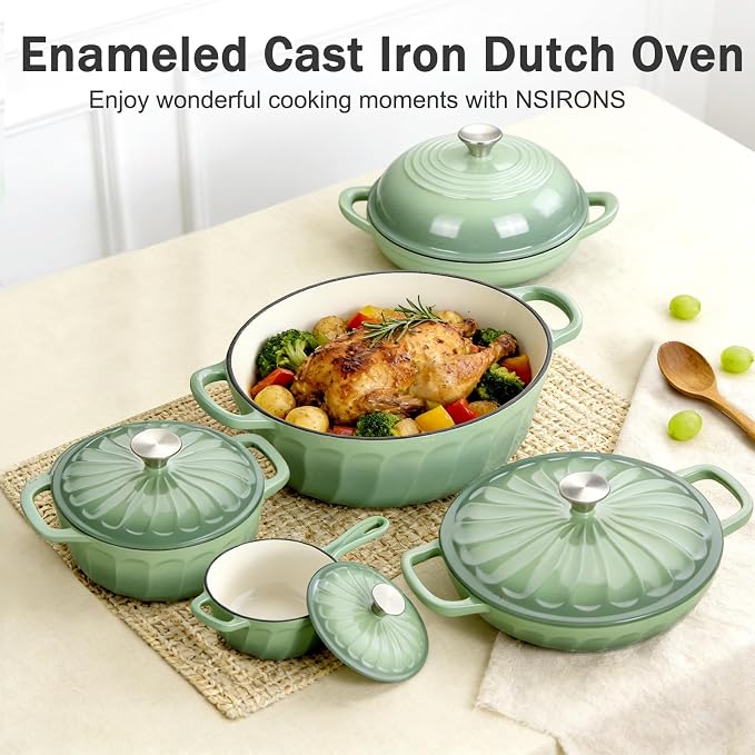 Enameled Dutch Oven Pot with Lid, 7 QT Cast Iron Dutch Oven with Dual Handles, Oval Dutch Oven for Cooking, Bread Baking, Frying, Non-stick Enamel Coated Oven (Pistachio Green)