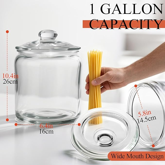 MASTERTOP Large Glass Jar with Lid, Airtight Glass Storage Containers with Lids, Wide Mouth Cookie Candy Jar with Leak Proof Rubber Gasket Lid,1 Gallon Clear Jars for Candies,Dry Food,Snacks