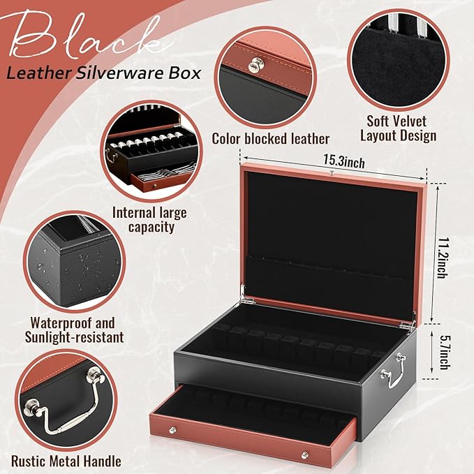 DoubleFill 2 Layer Leather Silverware Storage Box with Lid and Handles, Anti Tarnish Silverware Storage Chest Case with Felt-lined for 12-16 or More Sets of Utensils Flatware Gifts, 15.3x11.2x5.7 Inch