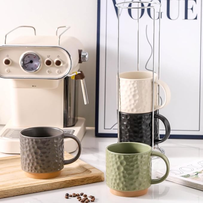 Nihow 16 Oz Ceramic Coffee Mug Set of 4 with Stackable Stand,4 color | Stackable, Stainless Stand Included, Cappuccino & Tea, Hot/Cold Drinks, Dishwasher & Microwave Safe