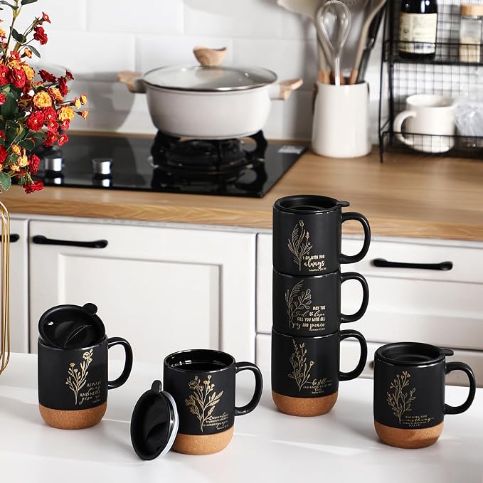 FillTouch 12 Pcs Christian Mug Gifts Bulk 15oz Religious Cup Cork Bottom Coffee Mug with Verse Inspirational Gift for Women Men Pastor Church Group Bible Study Member(Black,Flower)