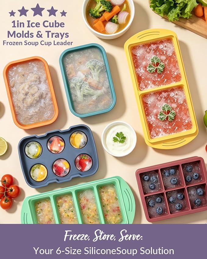 6 Pack Silicone Freezer Trays with Lid, Soup Freezer Container Molds, Perfect for Freezing Broth, Rice, Individual Portions, Meal Prepping and More