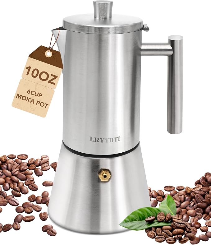 Moka Pot Stainless Steel 6Cup/10oz Stovetop Espresso Maker | Brushed，Cuban and Italian Coffee Maker, Cafetera Cubana, Greca De Cafe, Induction Stovetop Compatible