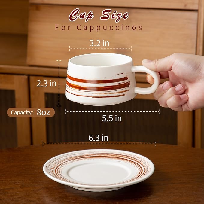 YUN TAO 8 oz Ceramic Cappuccino Cups and Saucers Set of 4, Latte & Cappuccino Mugs Coffee Set for Latte Art, Home Kitchen & Daily Use