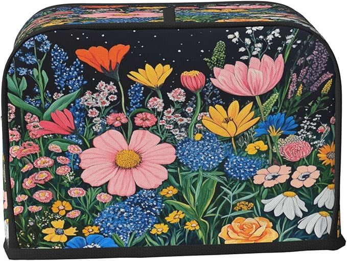 2 Slice Toaster Cover for Kitchen Wildflower Art Floral Black aterproof and Dustproof Toaster Dust Cover with Side Pockets Decorative Universal Cover for Wide Slot Toasters and Small Appliances